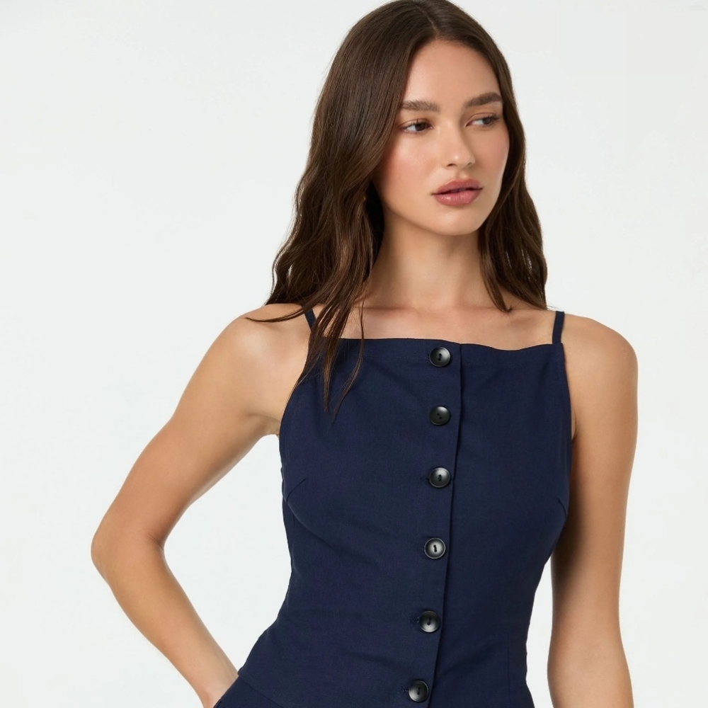 Astr The Label Linen Blend Boatneck Top Navy XS
